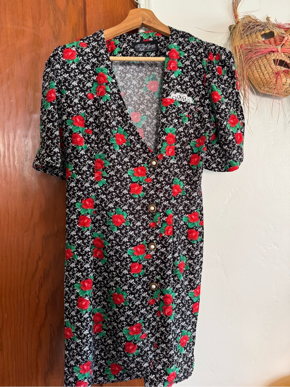 Vintage All that Jazz Black Dress with Red Rose Print
